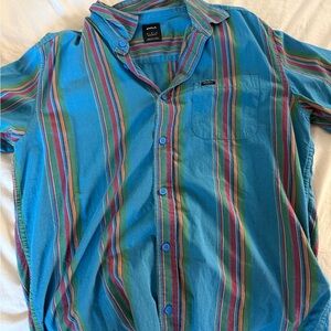Volcom Men's Blue and Multicolor Striped Button Down Shirt